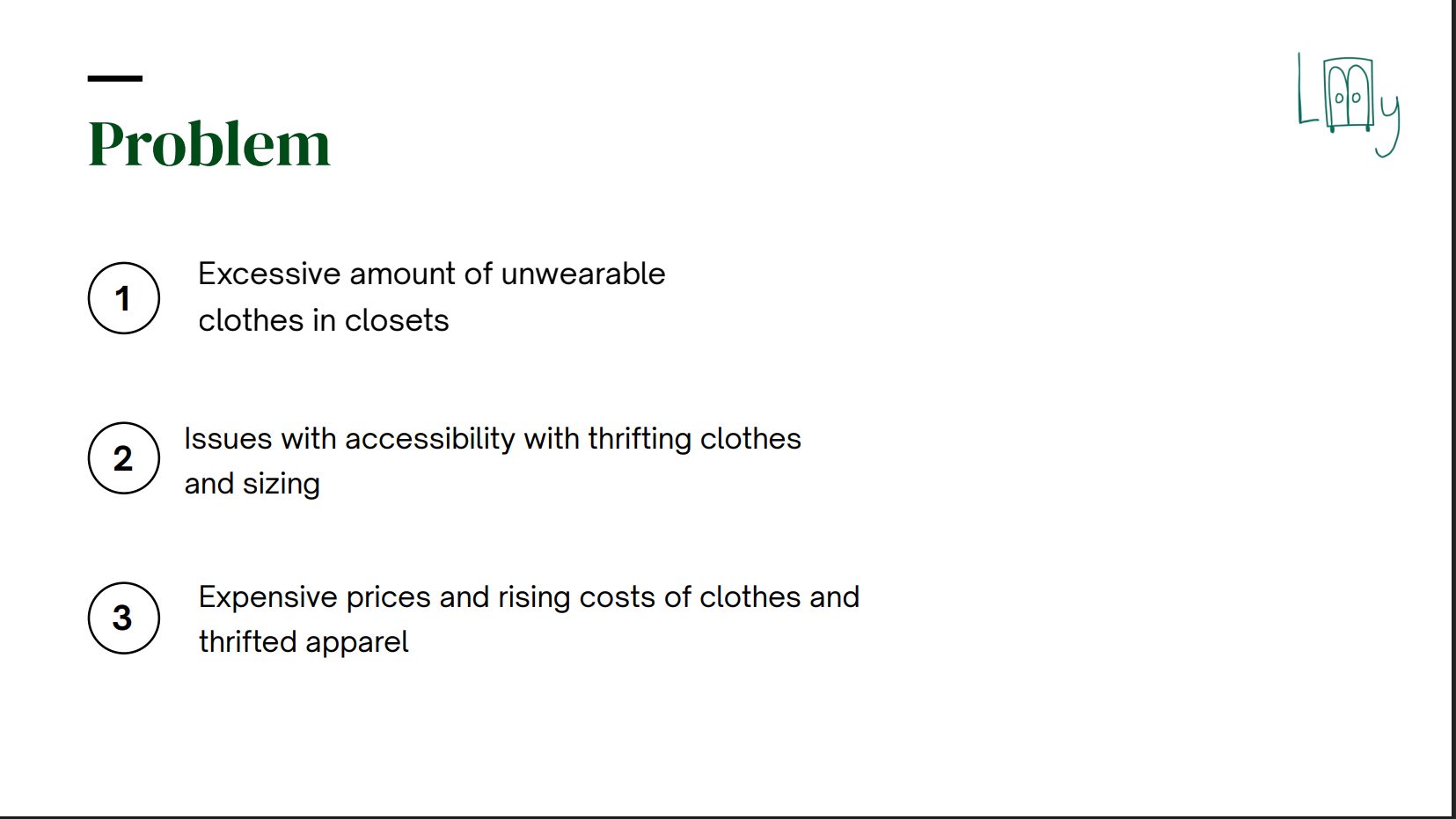 Problem: unwearable clothes sitting in closets, rising clothing prices, and accessibility and sizing problems when thrifting.